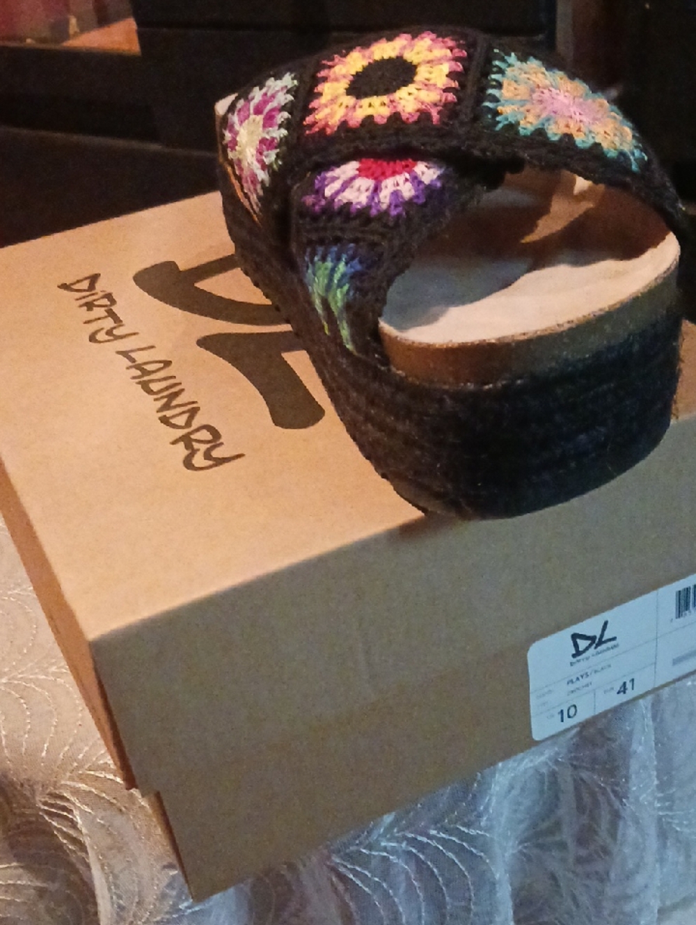 Dirty Laundry Black Crochet Platform Slide with Colorful Floral Squares